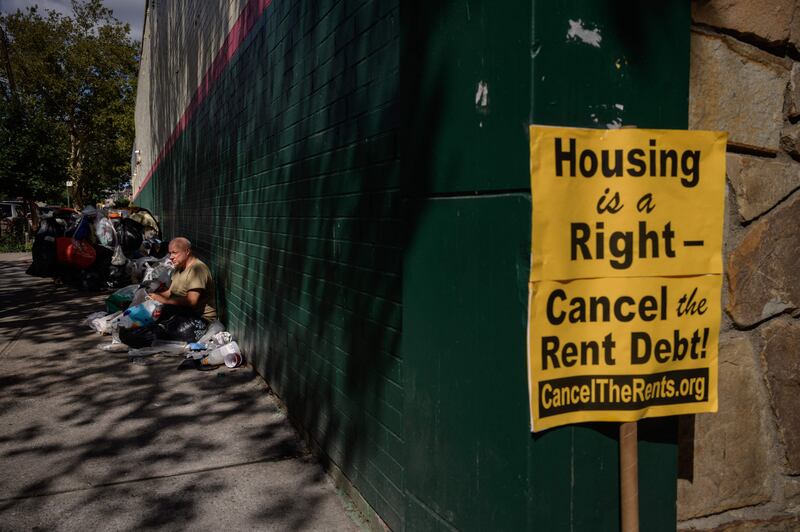 A homeless man in Queens, New York, during a rent debt protest. Following Saturday's attacks police urged New York's thousands of homeless people to contact city agencies for help with accommodation. AFP