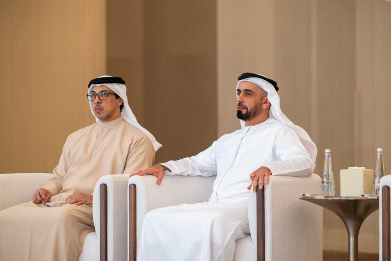 Sheikh Mansour bin Zayed, Vice President, Deputy Prime Minister and Chairman of the Presidential Court, and Sheikh Saif bin Zayed, Deputy Prime Minister and Minister of the Interior, attend the meeting at the Presidential Airport. Photo: Abdulla Al Bedwawi / UAE Presidential Court