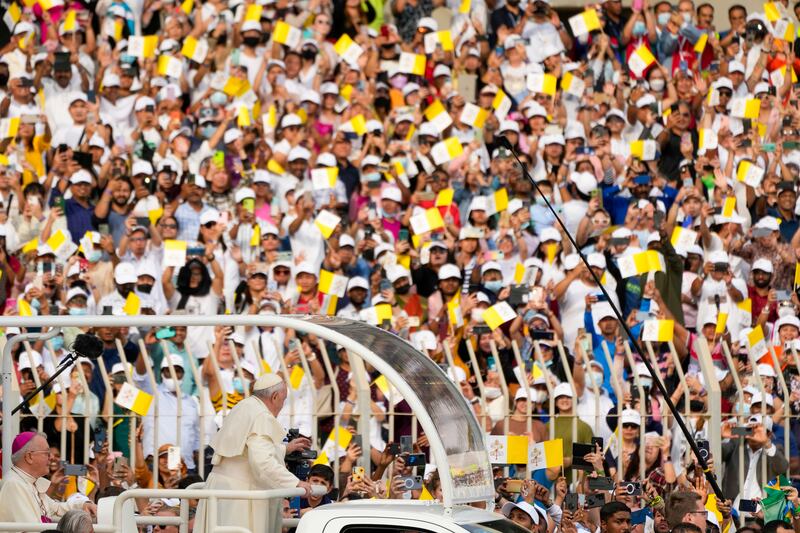 Pope Francis arrives to celebrate mass at Bahrain National Stadium in Riffa, Bahrain. AP Photo