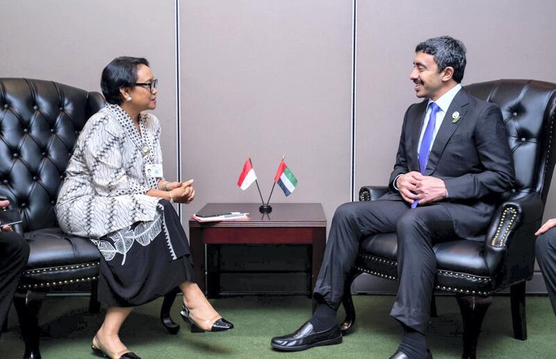 Sheikh Abdullah bin Zayed, Minister of Foreign Affairs and International Cooperation meeting with Retno Marsudi, Minister of Foreign Affairs, Indonesia on the sidelines of the 74th session of the UN General Assembly, WAM 