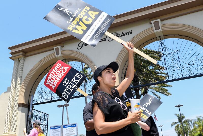 Rosario Dawson on a picket line outside of Paramount Studios in Los Angeles. AFP