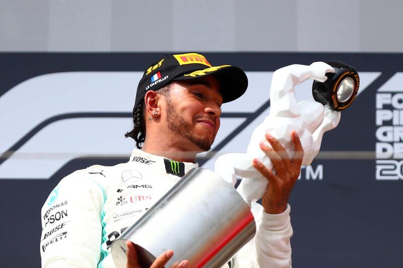 LE CASTELLET, FRANCE - JUNE 23: Race winner Lewis Hamilton of Great Britain and Mercedes GP celebrates on the podium during the F1 Grand Prix of France at Circuit Paul Ricard on June 23, 2019 in Le Castellet, France. (Photo by Dan Istitene/Getty Images)