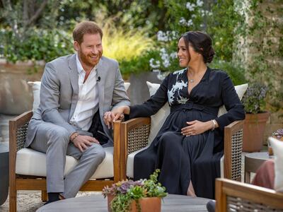 Feb 16, 2021; Prince Harry and Meghan, The Duke and Duchess of Sussex, speak about expecting their second child during an interview with Oprah Winfrey. Featuring Oprah Winfrey as she sits down with Prince Harry and Meghan, The Duke and Duchess of Sussex, will be broadcast as a two-hour exclusive primetime special on Sunday, March 7 from 8:00-10:00 PM, ET/PT on the CBS Television Network. Mandatory Credit: Joe Pugliese/CBS/Harpo Productions