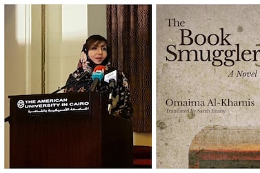 Saudi writer Omaima Al-Khamis, left, received the Naguib Mahfouz Medal for Literature in 2018 for her novel 'The Book Smuggler', right, which as been translated into English. Reuters, AUC Press