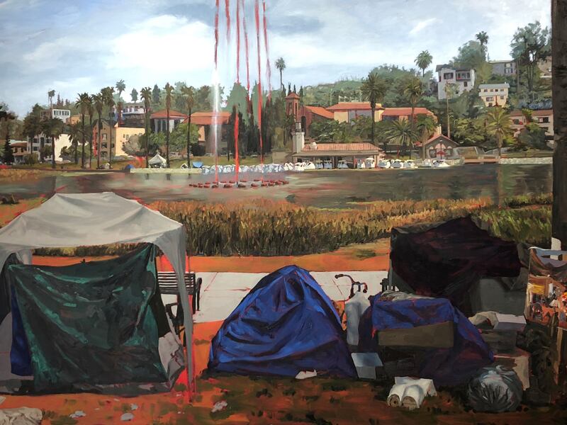 Los Angeles artist and university professor Christopher Chinn began painting portraits of the city's homeless. This encampment in LA's Echo Park was swept of its 300 residents earlier this year. Holly Aguirre / The National