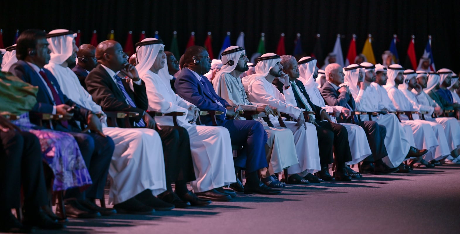 Government of Dubai Media Office- 14 February 2023: In the presence of Sheikh Mohammed bin Rashid, Vice President and Prime Minister of the UAE and Ruler of Dubai, Sheikh Saud bin Saqr Al Qasimi, UAE Supreme Council Member and Ruler of Ras Al Khaimah, and Sheikh Hamdan bin Mohammed, Crown Prince of Dubai; the President of Türkiye Recep Tayyip Erdoğan conveyed his gratitude to the UAE and world governments for the aid and support extended to the earthquake-hit country in a pre-recorded video message to World Government Summit 2023 attendees. The session was also attended by Macky Sall, President of Senegal Sheikh Mohammed bin Saud bin Saqr Al Qasimi, Crown Prince of Ras Al Khaimah and a number of dignitaries, ministers and senior officials. Photo: Government of Dubai Media Office