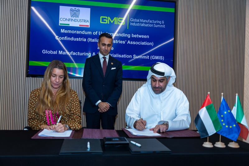 (L-R) Barbara Beltrame Giacomello, vice president for internationalisation at Confindustria, Nicola Lener, Italian ambassador to the UAE and Badr Al-Olama, head of the GMIS organising committee. Photo: GMIS