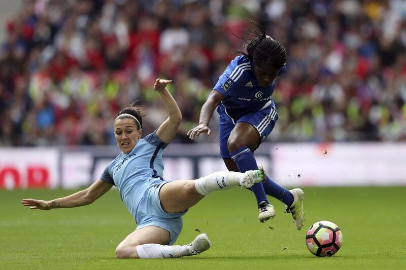 Manchester City’s Lucy Bronze, left, and Birmingham City’s Freda Ayisi battle for the ball during the Women’s FA Cup final at Wembley Stadium, London, Saturday May 13, 2017. Adam Davy / PA