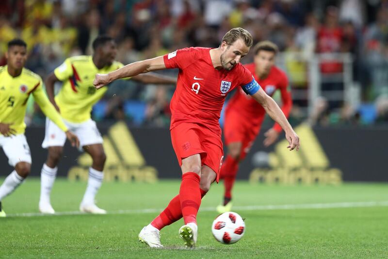Harry Kane scores England's first goal form the penalty spot, to give them a 1-0 lead. Ryan Pierse / Getty Images