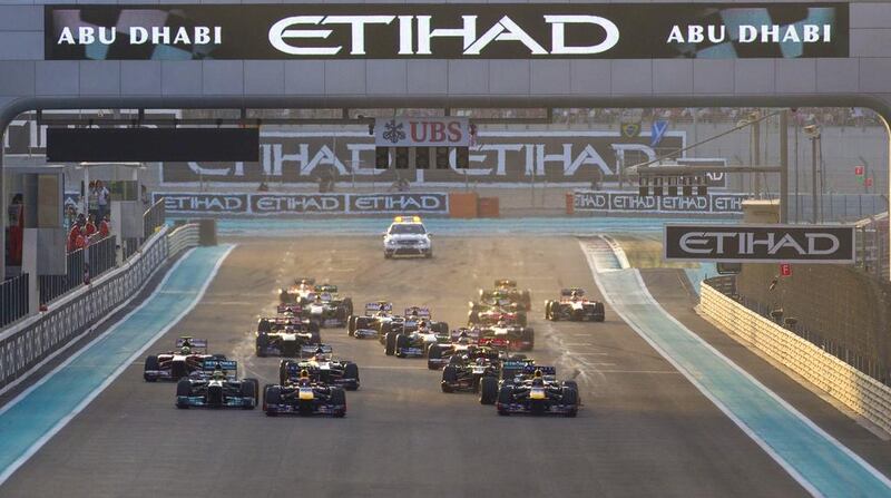 The start of the Formula One Etihad Airways Abu Dhabi Grand Prix at the Yas Marina Circuit in Abu Dhabi on November 3, 2013. Christopher Pike / The National