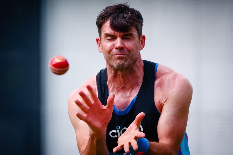 James Anderson takes a return catch during a net training session at the Gabba. AFP