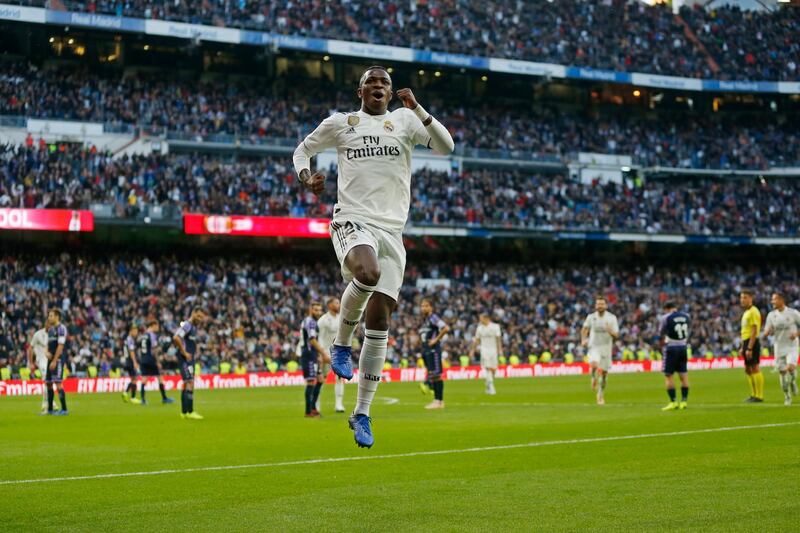 Real Madrid's Vinicius Junior celebrates after scoring his side's first goal. AP Photo