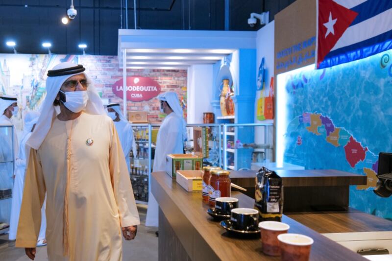 Sheikh Mohammed bin Rashid, Vice President and Ruler of Dubai, tours the Cuba pavilion at Expo Dubai 2020, where guests were invited to 'see beyond the facade of Old Cuba'.