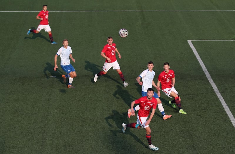 Players in action during the Belarusian Premier League soccer match between FC Minsk and FC Dinamo-Minsk in Minsk. EPA