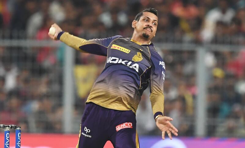 Kolkata Knight Riders's cricketer Sunil Narine bowls during the 2019 Indian Premier League (IPL) Twenty 20 cricket match between Kolkata Knight Riders and Rajasthan Royals at the Eden Gardens Cricket Stadium, in Kolkata, on April 25, 2019. (Photo by DIBYANGSHU SARKAR / AFP) / IMAGE RESTRICTED TO EDITORIAL USE - STRICTLY NO COMMERCIAL USE