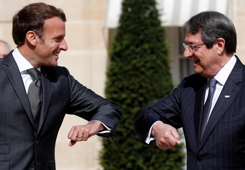 French President Emmanuel Macron welcomes his counterpart of Cyprus Nicos Anastasiades at the Elysee Palace in Paris, France. Reuters