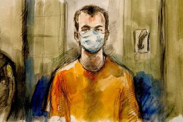 A courtroom sketch shows Nathaniel Veltman appearing before a judge in London, Ontario. Reuters