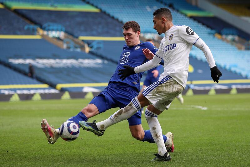 Raphinha of Leeds against Andreas Christensen of Chelsea during their match on Saturday, March 13, 2021. EPA