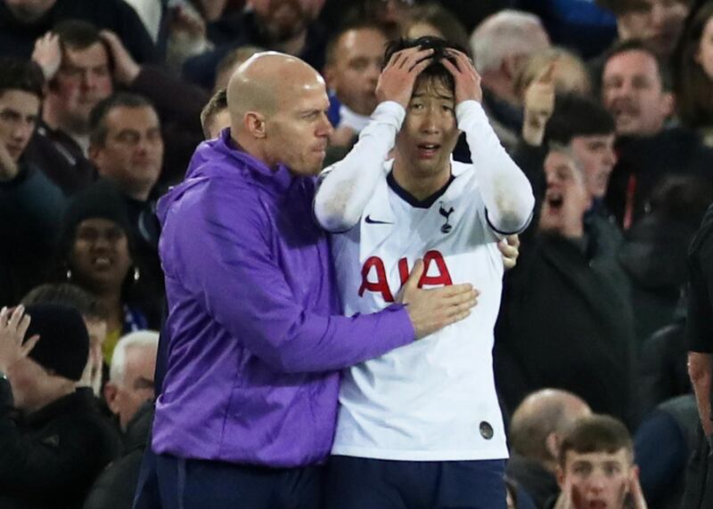 Soccer Football - Premier League - Everton v Tottenham Hotspur - Goodison Park, Liverpool, Britain - November 3, 2019  Tottenham Hotspur's Son Heung-min looks dejected after Everton's Andre Gomes sustains an injury   Action Images via Reuters/Carl Recine  EDITORIAL USE ONLY. No use with unauthorized audio, video, data, fixture lists, club/league logos or "live" services. Online in-match use limited to 75 images, no video emulation. No use in betting, games or single club/league/player publications.  Please contact your account representative for further details.