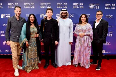 From left, Adam El Manawy, Huda Alghanim, Kanat Rymtayev, Rashed Hasan, Hira Mahmood and Osman Aboubakr attend the screening of Dalma. Photo: Red Sea International Film Festival