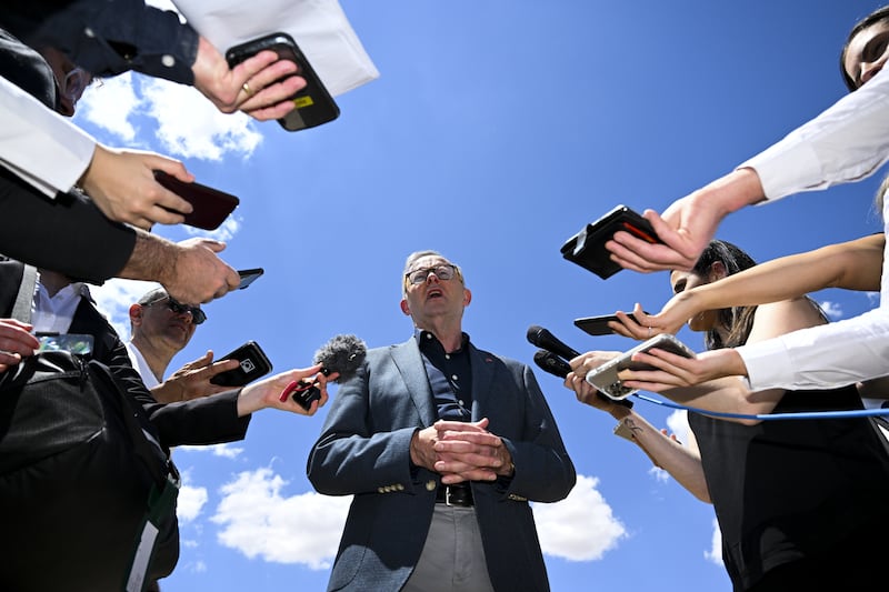 Australian Prime Minister Anthony Albanese speaks to the media after arriving at Torrejon Airbase in Madrid. EPA