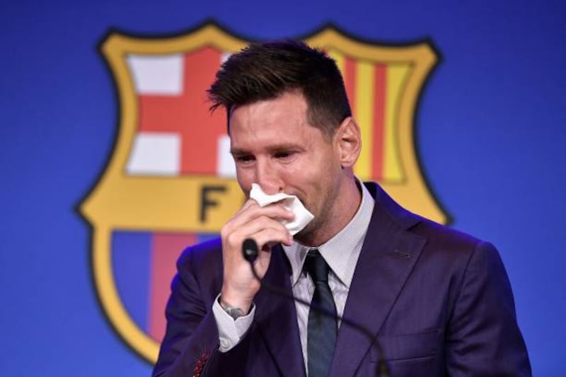 Barcelona's Argentinian forward Lionel Messi cries at the start of a press conference announcing he is leaving the club for Paris Saint-German in August. AFP