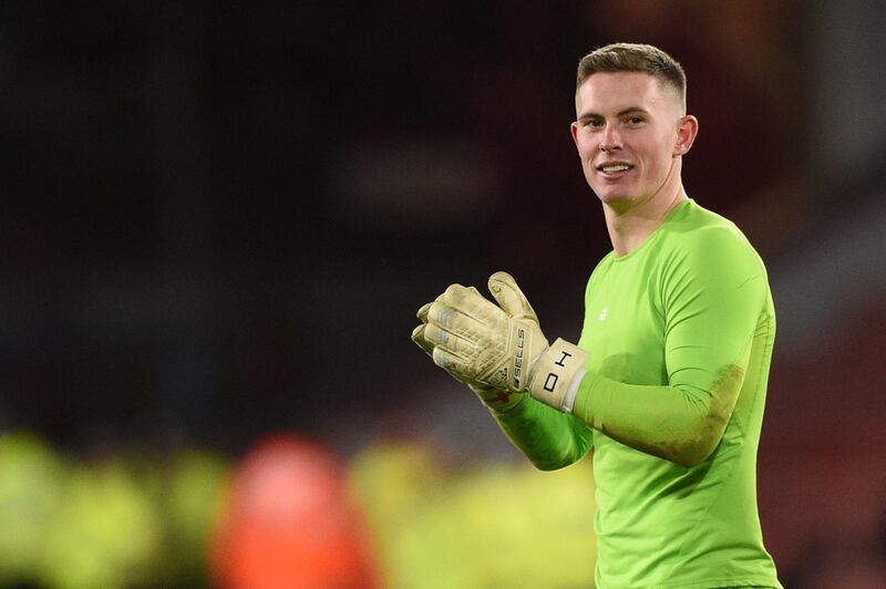 Sheffield United goalkeeper Dean Henderson celebrates at the end of the match. AFP