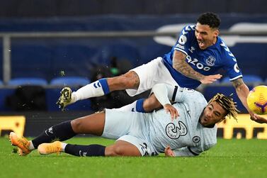 Soccer Football - Premier League - Everton v Chelsea - Goodison Park, Liverpool, Britain - December 12, 2020 Chelsea's Reece James fouls Everton's Allan Pool via REUTERS/Peter Powell EDITORIAL USE ONLY. No use with unauthorized audio, video, data, fixture lists, club/league logos or 'live' services. Online in-match use limited to 75 images, no video emulation. No use in betting, games or single club /league/player publications. Please contact your account representative for further details. REFILE - CORRECTING CAPTION TEMPLATE