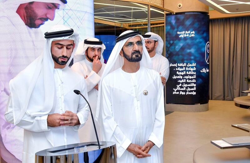 Sheikh Mohammed bin Rashid, Sheikh Ahmed bin Mohammed, Chairman of the Mohammed bin Rashid Al Maktoum Knowledge Foundation, and Mohammed Al Gergawi, Minister of Cabinet Affairs and the Future, visit the Service 1 centre in Emirates Towers on Saturday. Wam