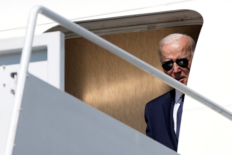 US President Joe Biden arrives at Hagerstown Regional Airport in Maryland on his way to the Volvo USA lorry plant to mark National Manufacturing Day. Reuters