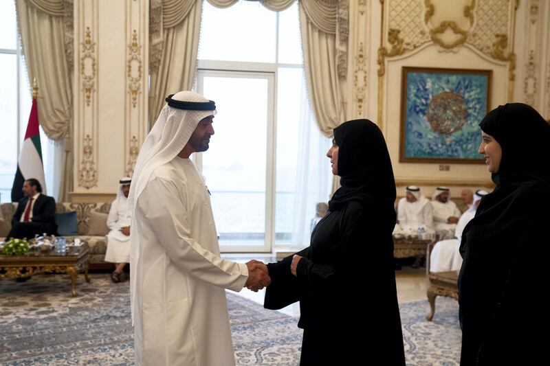 ABU DHABI, UNITED ARAB EMIRATES - October 07, 2019: HH Sheikh Mohamed bin Zayed Al Nahyan, Crown Prince of Abu Dhabi and Deputy Supreme Commander of the UAE Armed Forces (L) greets participants of the Qudwa Forum, during a Sea Palace barza. 

( Mohamed Al Hammadi / Ministry of Presidential Affairs )
---