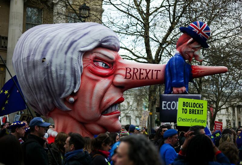Thousands of demonstrators take to the streets of London during the Peoples Vote March in London, England. Getty Images