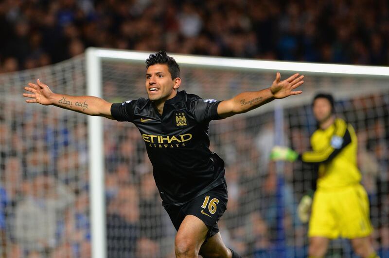 LONDON, ENGLAND - OCTOBER 27:  Sergio Aguero of Manchester City celebrates scoring their first goal during the Barclays Premier League match between Chelsea and Manchester City at Stamford Bridge on October 27, 2013 in London, England.  (Photo by Shaun Botterill/Getty Images)