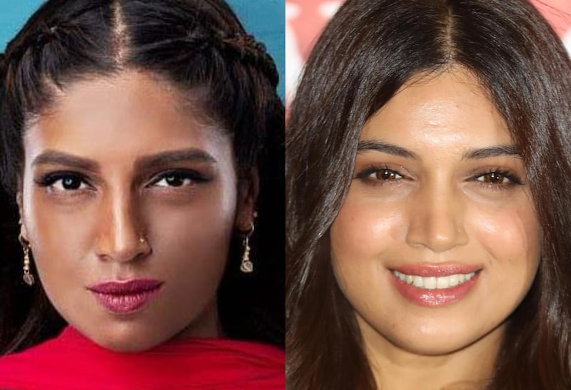 Actress Bhumi Pednekar as she appers in a promotion image for new film 'Bala' (left), and in real life. 