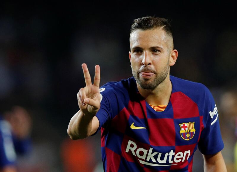 Barcelona's Jordi Alba celebrates scoring their fourth goal. Reuters