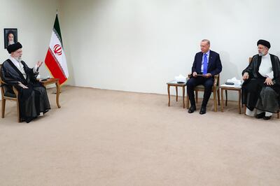 Ayatollah Ali Khamenei, Iranian Supreme Leader, left, meets Turkey's President Recep Tayyip Erdogan, centre Iran's President Ebrahim Raisi. AFP