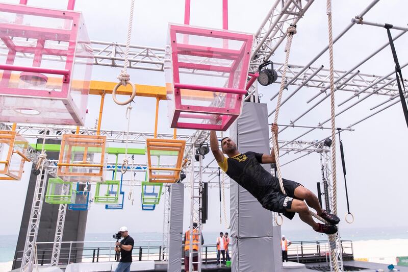 DUBAI, UNITED ARAB EMIRATES - April 1 2019.

Wipeout obstacle at the Gov Games site on Kite Beach.

 (Photo by Reem Mohammed/The National)

Reporter: 
Section:  NA