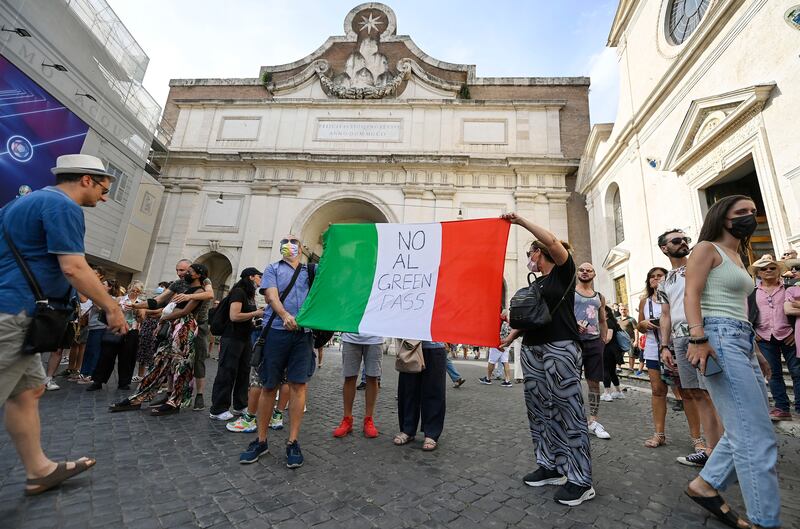 People demonstration against the ‘Green Pass’ in Piazza del Popolo, Rome. The Italian government said access to cinemas, stadiums, museums, gyms, swimming pools, theatres and restaurants would be granted only upon presentation of the pass.