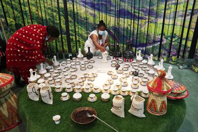 Different types of coffee on display at the Ethiopia Pavilion at Expo 2020 Dubai. Pawan Singh / The National