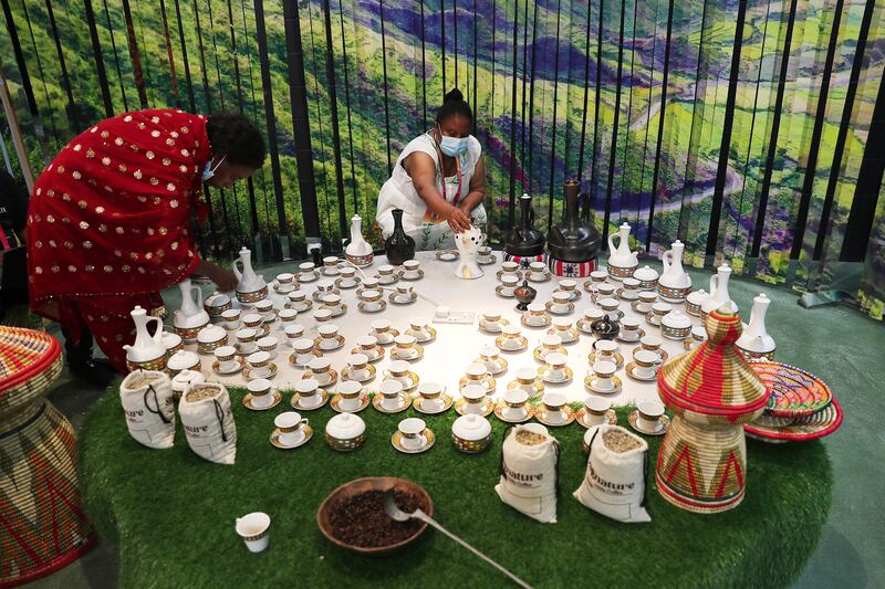 Different types of coffee are on display at the Ethiopia pavilion at the EXPO 2020 site in Dubai. Pawan Singh / The National.