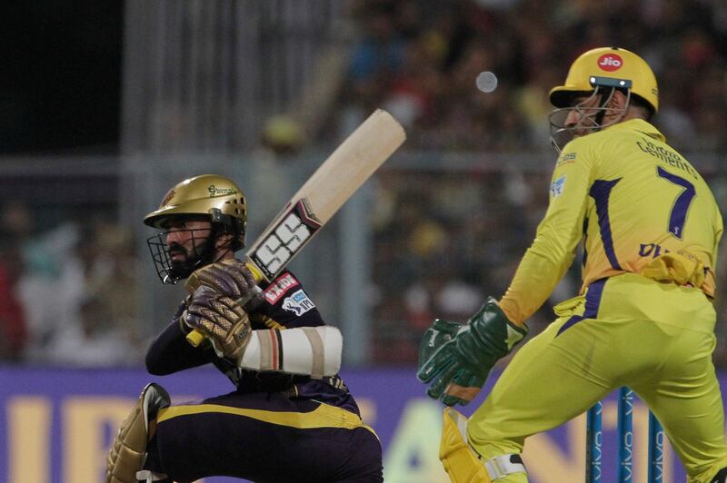 Kolkata Knight Riders' Dinesh Karthik bats during the VIVO IPL cricket T20 match against Chennai Super Kings in Kolkata, India, Thursday, May 3, 2018. (AP Photo/Bikas Das)