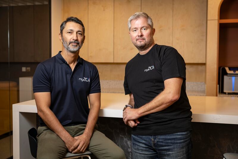 Syed Ali, left, with myZoi co-founder Christian Buchholz. The start-up has provided payroll services, domestic transactions and cross-border transfers to nearly 1,000 users during its testing phase. Antonie Robertson / The National