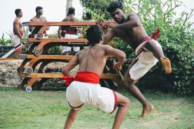 Traditional kalari warriors are typically clad in red loincloths. Courtesy Kalpana Sunder