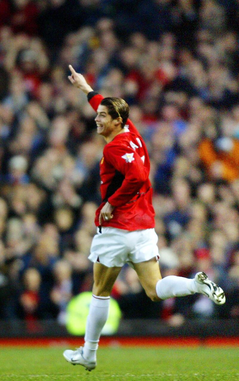 Cristiano Ronaldo celebrates scoring for Manchester United against Portsmouth during the Premier League match at Old Trafford on November 1, 2003. AFP