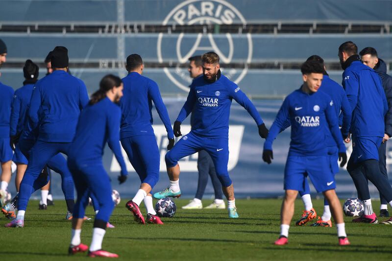 Sergio Ramos takes part in PSG's training session. AFP
