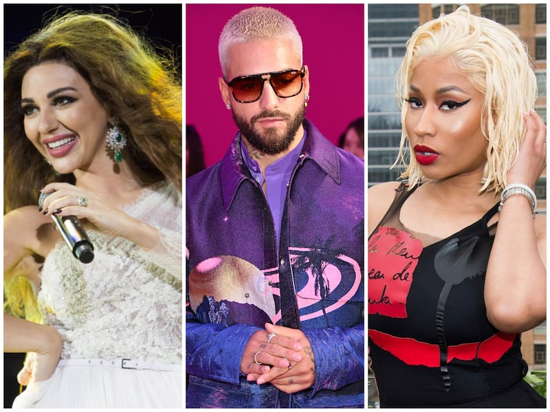 The latest Fifa World Cup single 'Tukoh Taka', features rapper Nicki Minaj, right, Colombian singer Maluma, centre, and Lebanese artist Myriam Fares. Getty Images