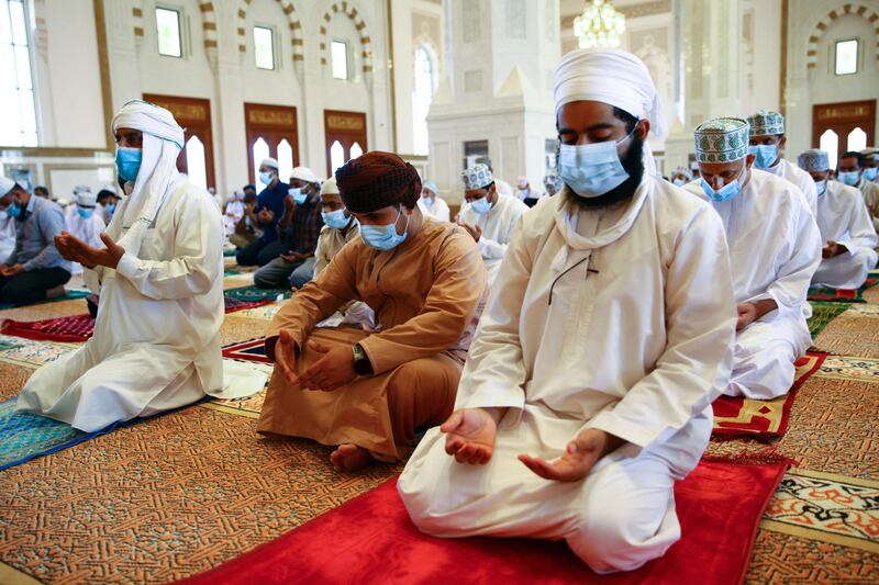 Friday prayers were held at the Sayeda Fatima mosque in the Omani capital Muscat for the first time in months, after some restrictions put in place by the authorities to stem the spread of the coronavirus were lifted. All photos by AFP