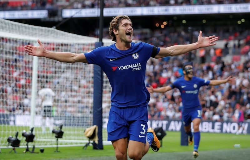 Football Soccer - Premier League - Tottenham Hotspur vs Chelsea - London, Britain - August 20, 2017   Chelsea's Marcos Alonso celebrates scoring their second goal    Action Images via Reuters/Andrew Couldridge    EDITORIAL USE ONLY. No use with unauthorized audio, video, data, fixture lists, club/league logos or "live" services. Online in-match use limited to 45 images, no video emulation. No use in betting, games or single club/league/player publications. Please contact your account representative for further details.