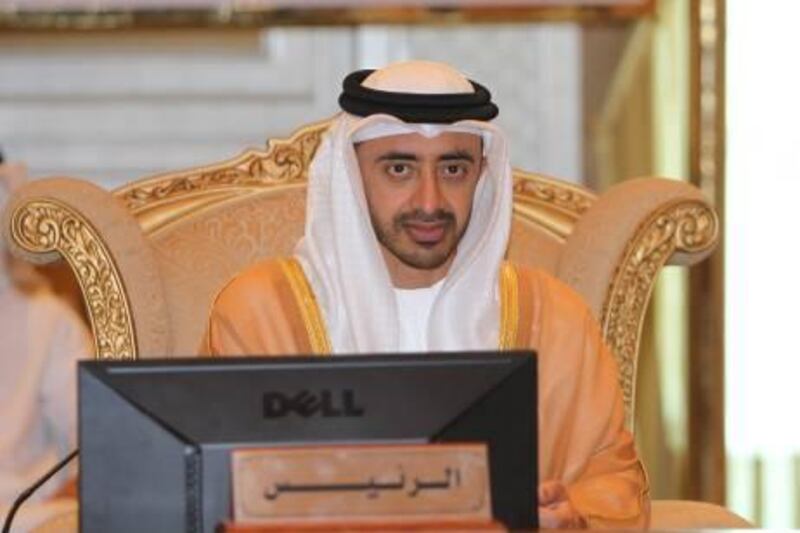 epa02713935 The Foreign Minister of United Arab Emirates (UAE), Sheikh Abdullah bin Zayed al Nahyan, chairs the 2nd ministerial joint meeting for strategic dialogue between the Gulf Cooperation Council (GCC) countries and China at the Emirates Palace in Abu Dhabi, United Arab Emirates, 02 May 2011. China and the GCC inaugurated their first round of strategic dialogue in June 2010 in Beijing. The meeting will focus on regional and international issues of joint interest as well as relations between the GCC and China.  EPA/ALI HAIDER *** Local Caption ***  02713935.jpg