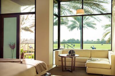 A polo suite looking onto the playing fields. Courtesy of Melia Desert Palm Dubai